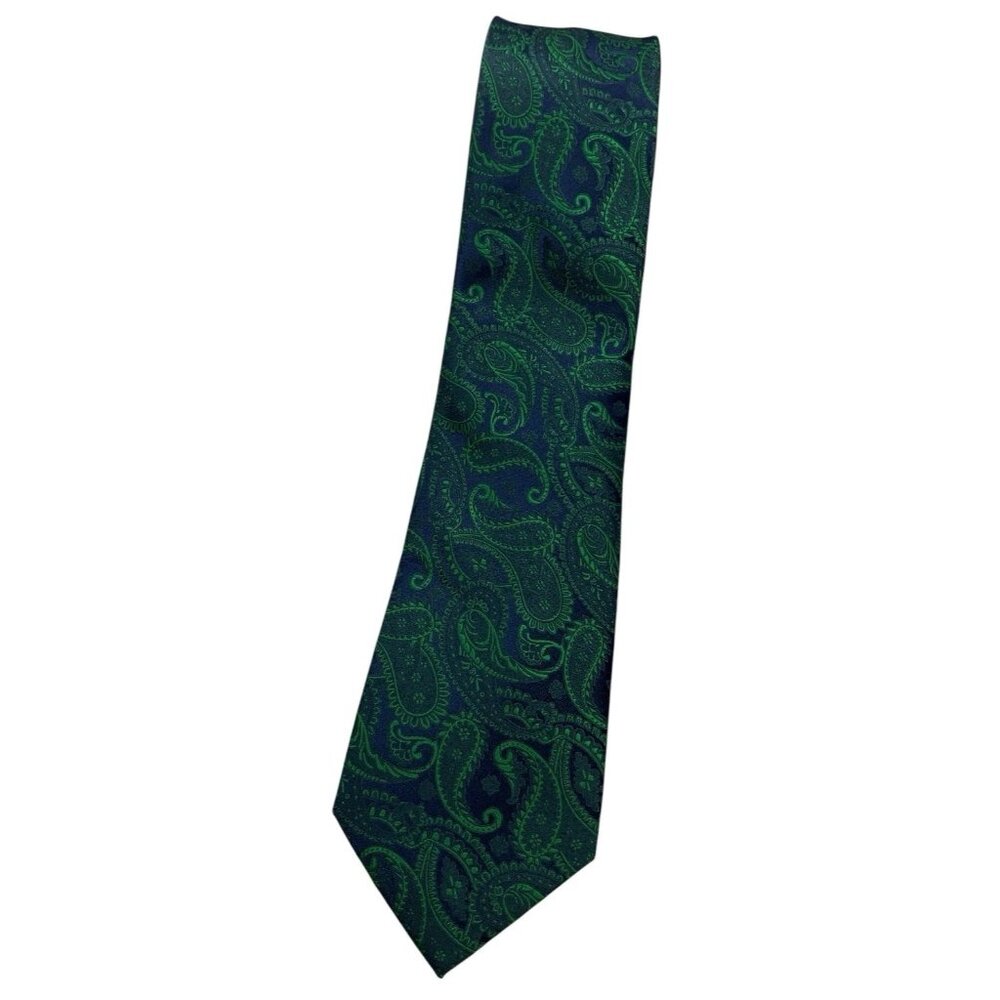 NEW HISDREN Men's 100% Silk Necktie LUXURY Tie Blue Green Paisley W:3.4" EUC